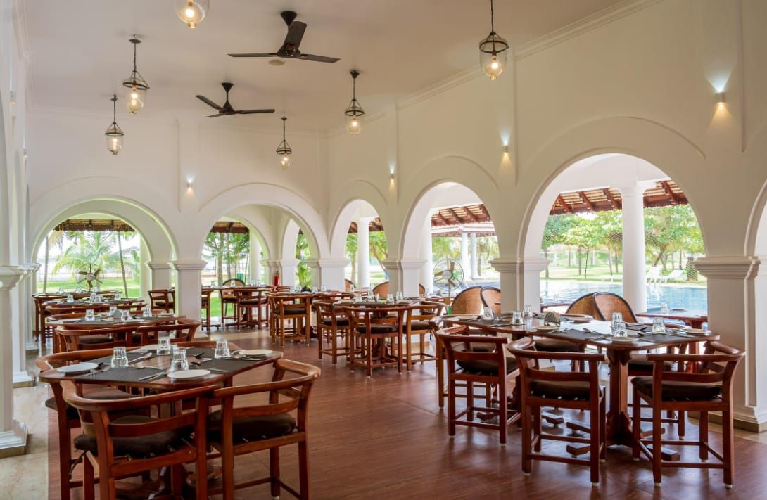 Restaurant dining room with arched walls