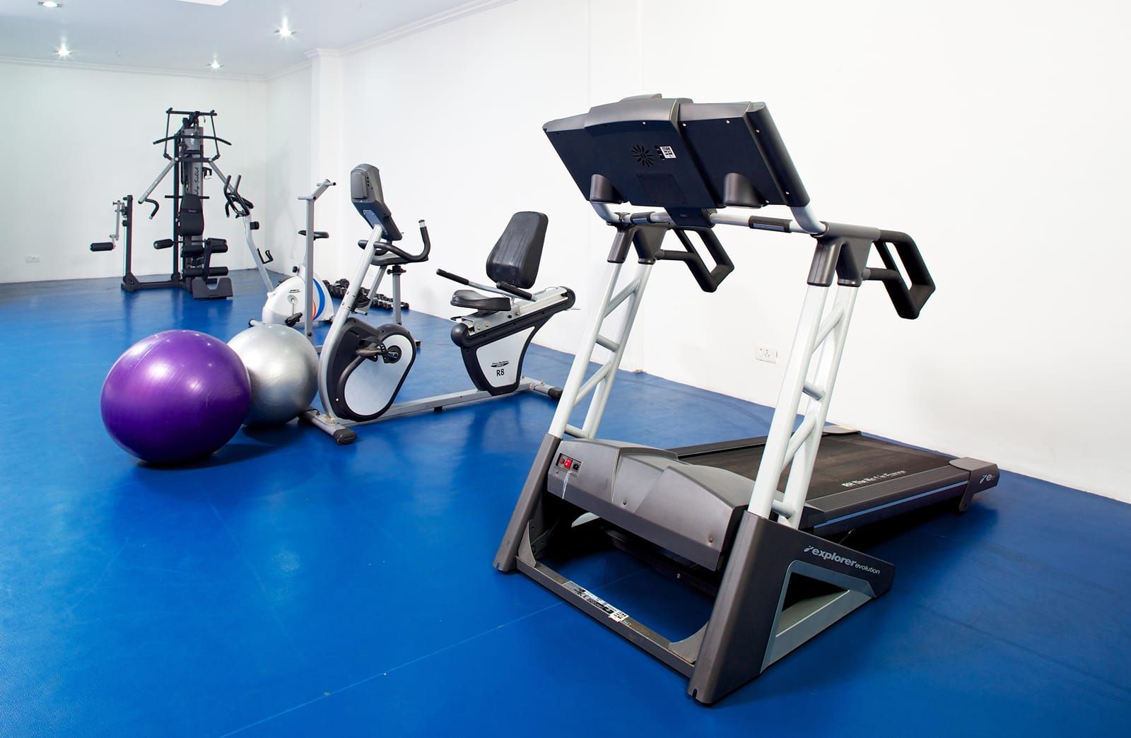 Gym with treadmill, exercise bike and fitness balls